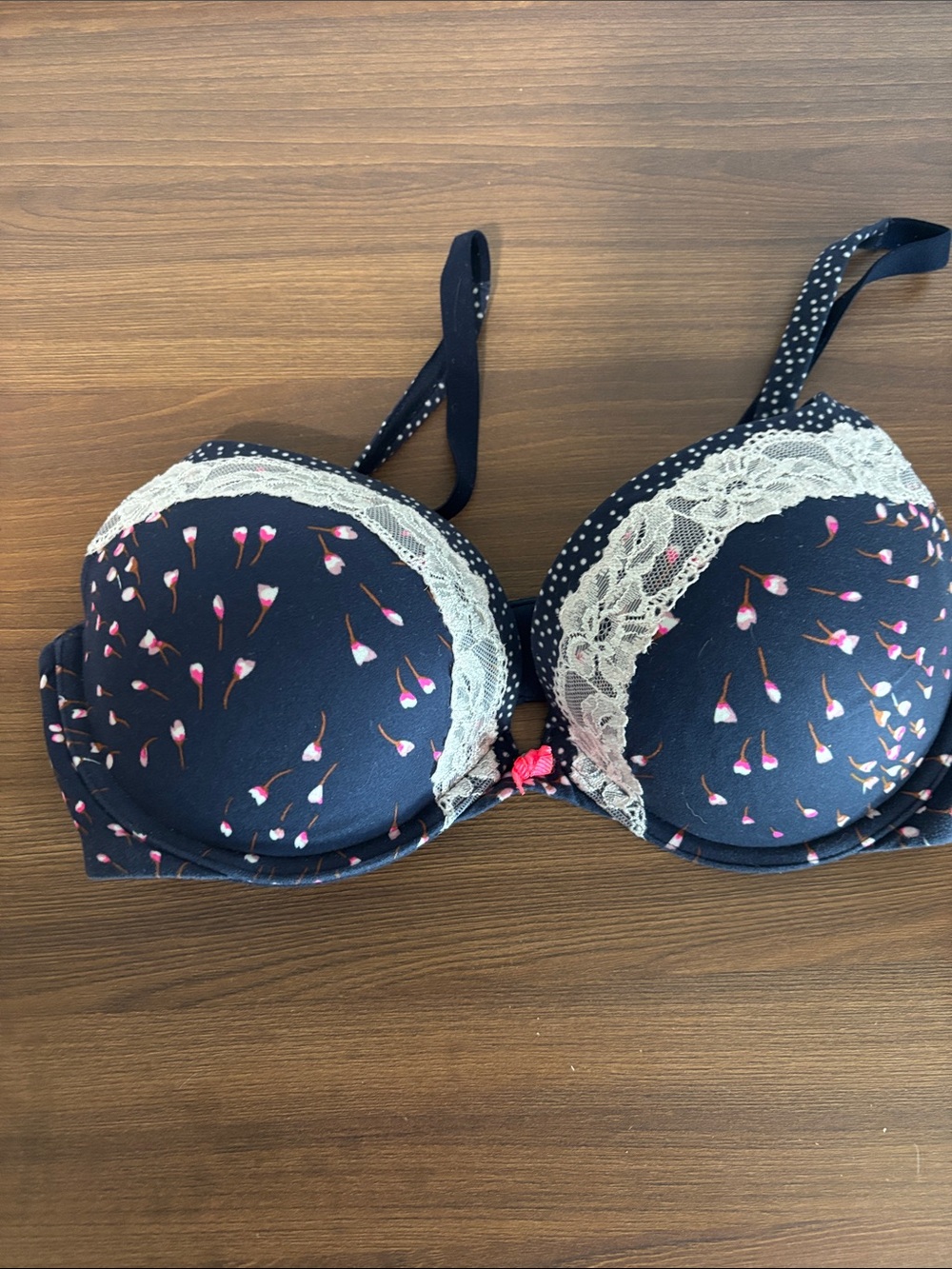 Victoria's Secret Navy Bra with Pink Floral Print and Cream Lace